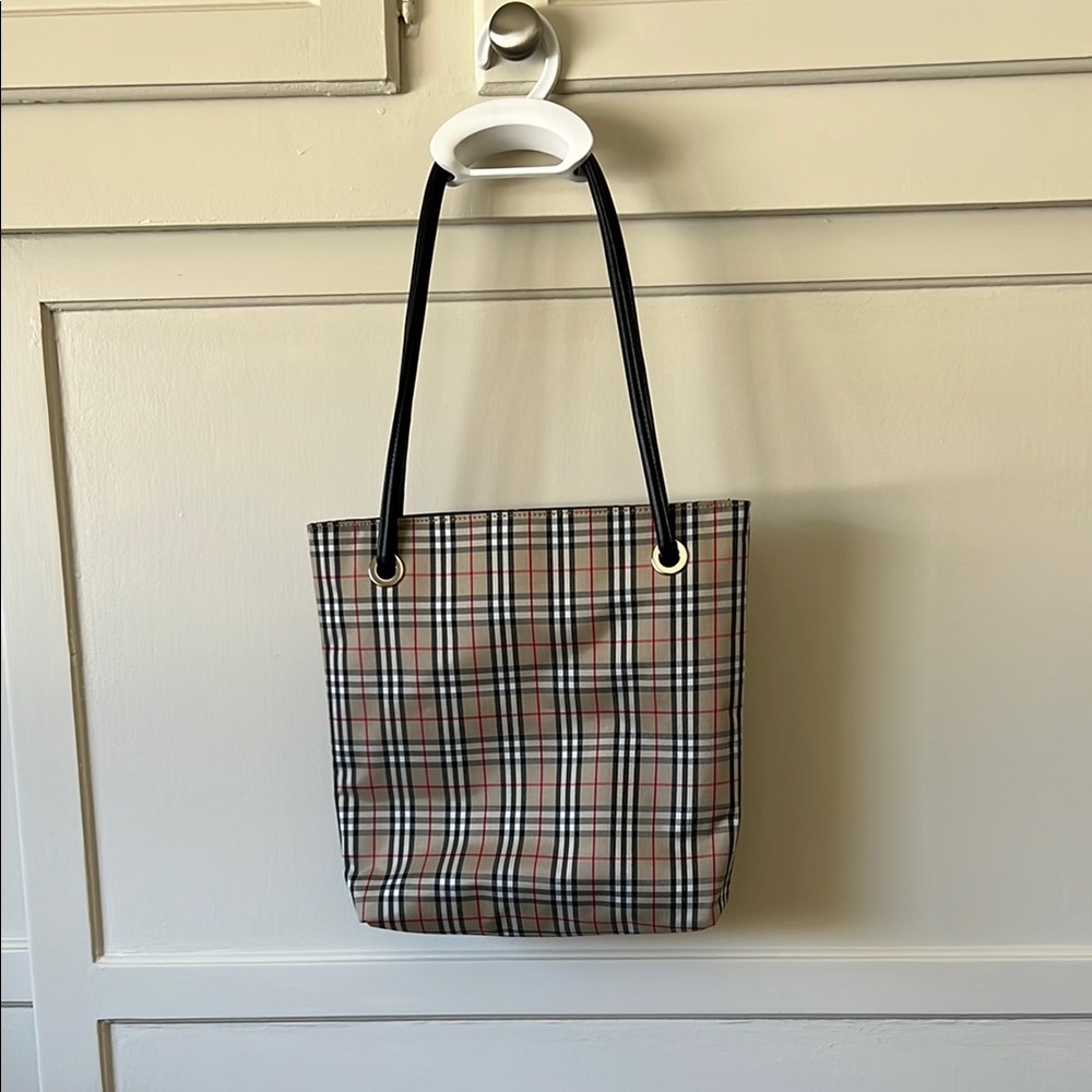 Cream and Black Tartan Tote Bag with Leather Handles